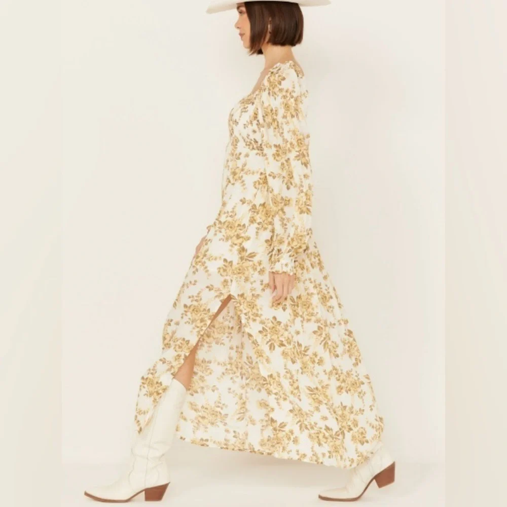 Free People Jaymes Floral Midi Dress in Pastry Cream with balloon sleeves